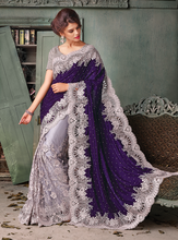 Load image into Gallery viewer, Blue & Gray Indian Pakistani Silver Designer Bollywood Wedding Embroidered Saree - Ethnicyug