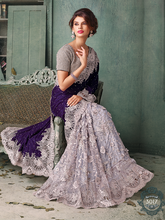 Load image into Gallery viewer, Blue &amp; Gray Indian Pakistani Silver Designer Bollywood Wedding Embroidered Saree - Ethnicyug
