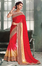Load image into Gallery viewer, Creap Jaquard RED Indian Pakistani Designer Bollywood Wedding Embroidered Saree - Ethnicyug
