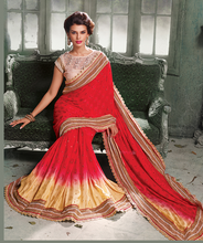 Load image into Gallery viewer, Creap Jaquard RED Indian Pakistani Designer Bollywood Wedding Embroidered Saree - Ethnicyug
