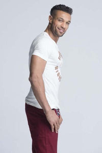 Yz-Guy Crew Neck T-Shirt with Short Sleeves - Pearl White with Stitched Patchwork - Men T-Shirts - yz-buyer.myshopify.com